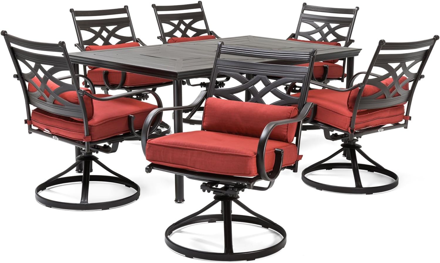  7-Piece Outdoor Dining Set with 6 Swivel Rockers, Ocean Blue Cushions and Stamped Steel Rectangular Dining Table, Patio Dining Set for 6, Premium All-Weather Patio Furniture for Deck
