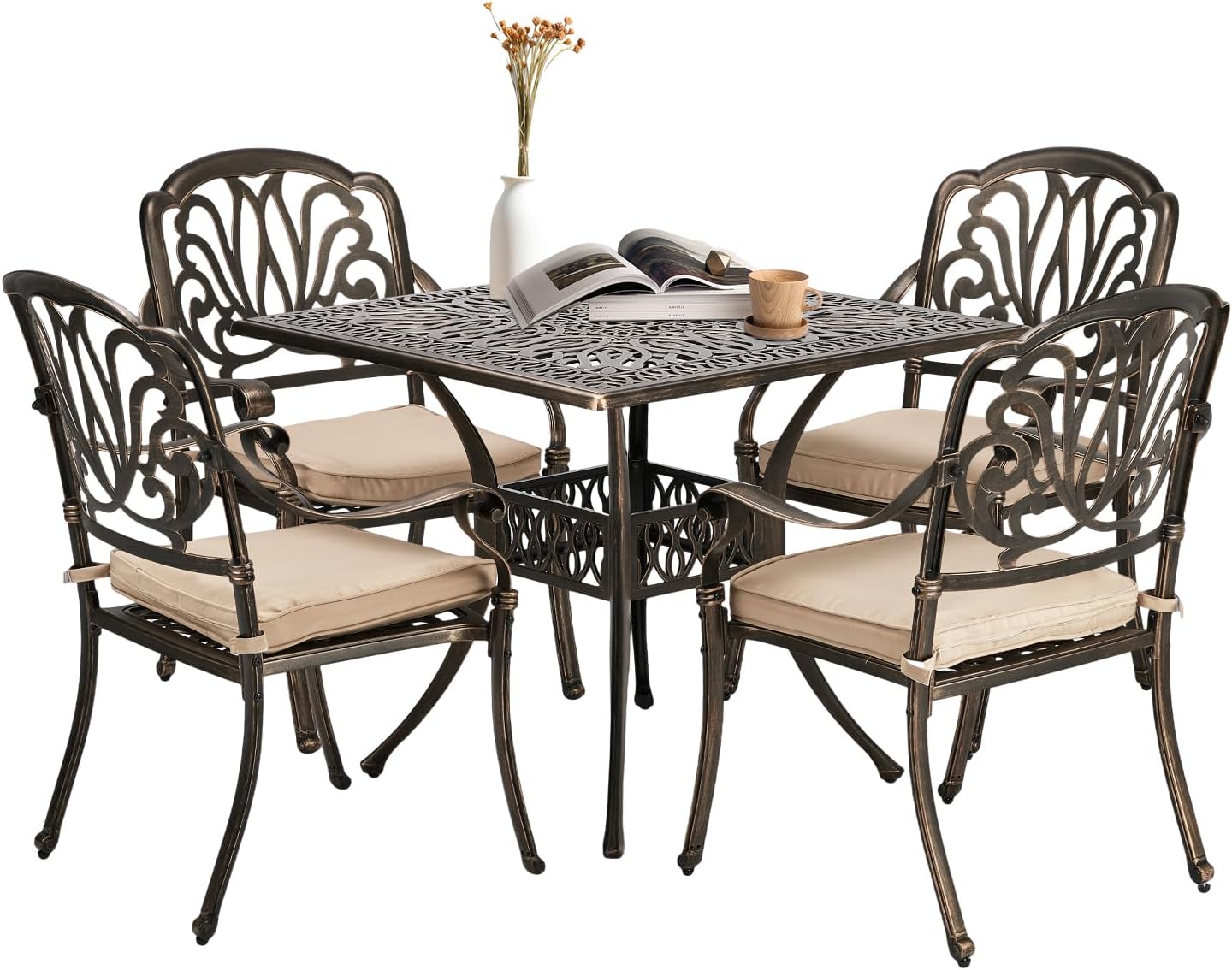  5-Piece Outdoor Patio Dining Set, Cast Aluminum All-Weather Outdoor Table and Chairs w/Cushion, Outdoor Furniture Set w/Umbrella Hole for Backyard Deck Poolside (Round, Elizabeth Back)