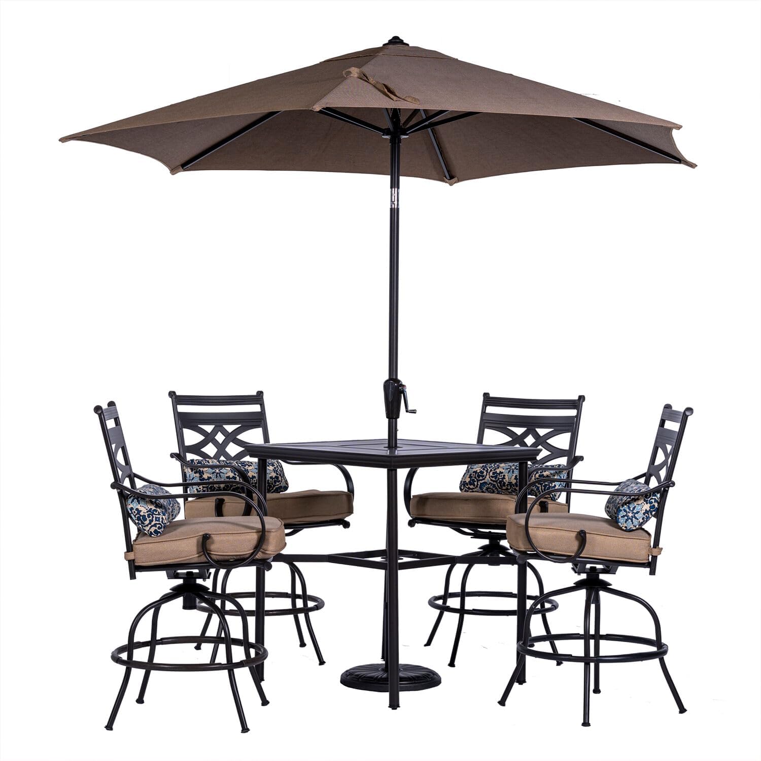  7-Piece Outdoor Dining Set with 6 Swivel Rockers, Ocean Blue Cushions and Stamped Steel Rectangular Dining Table, Patio Dining Set for 6, Premium All-Weather Patio Furniture for Deck