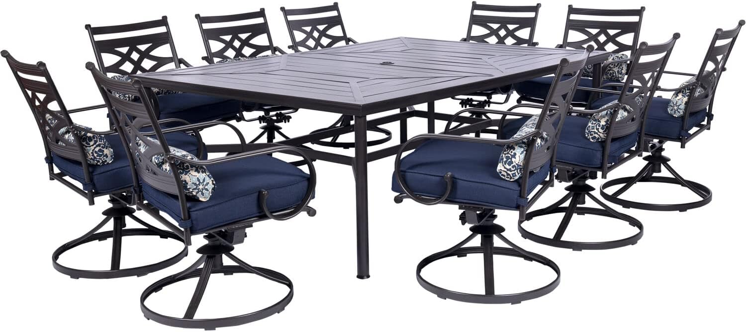  7-Piece Outdoor Dining Set with 6 Swivel Rockers, Ocean Blue Cushions and Stamped Steel Rectangular Dining Table, Patio Dining Set for 6, Premium All-Weather Patio Furniture for Deck