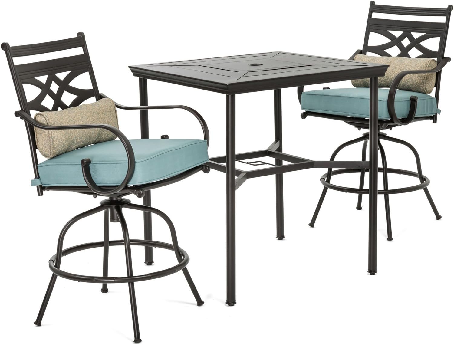  7-Piece Outdoor Dining Set with 6 Swivel Rockers, Ocean Blue Cushions and Stamped Steel Rectangular Dining Table, Patio Dining Set for 6, Premium All-Weather Patio Furniture for Deck