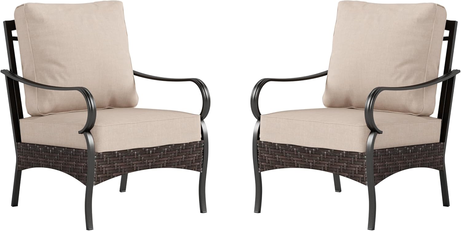 Outdoor Modern Patio Furniture Set, Upgraded Wicker&Metal Patio Furniture Conversation Set with Waterproof Thick Cushions for Porch, Poolside, Deck, and Yard (5 Pieces,Beige)