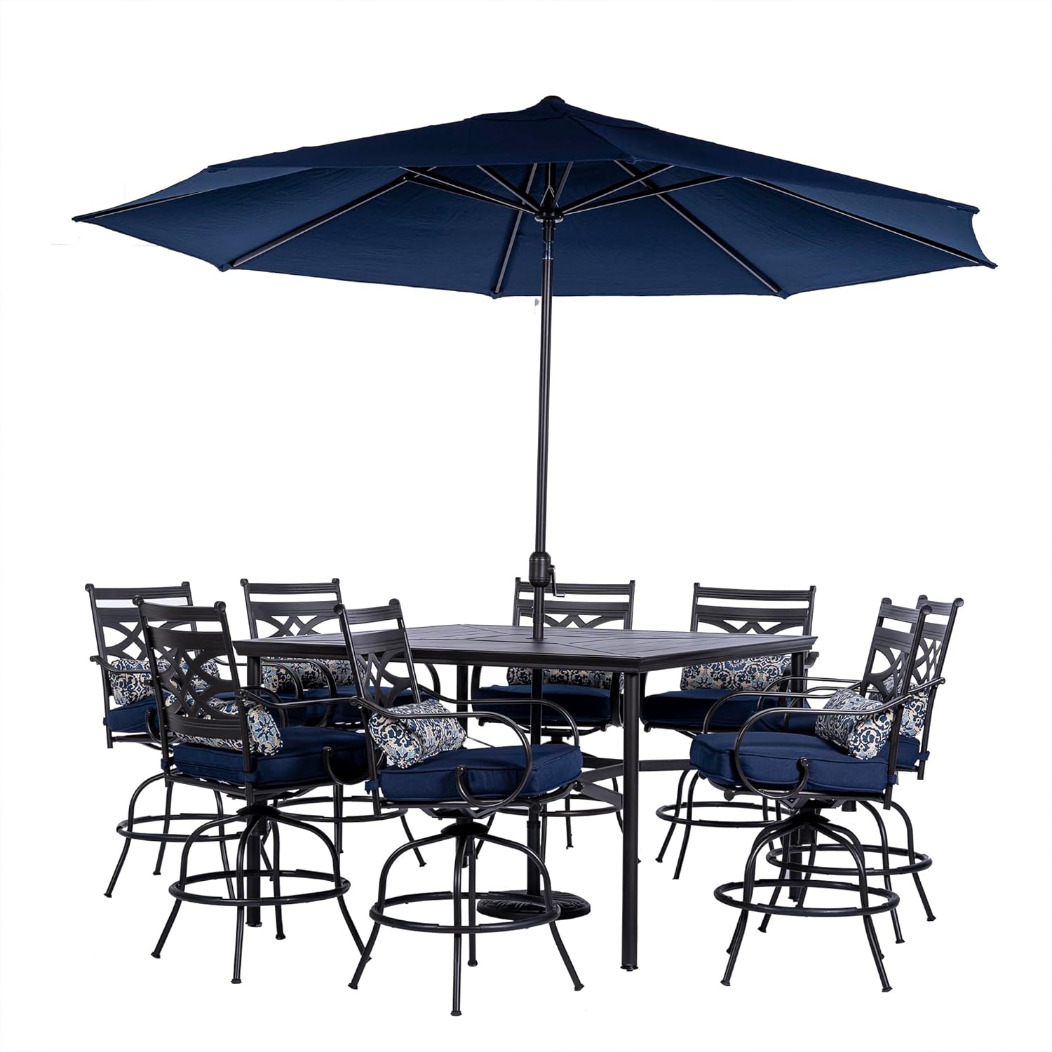  7-Piece Outdoor Dining Set with 6 Swivel Rockers, Ocean Blue Cushions and Stamped Steel Rectangular Dining Table, Patio Dining Set for 6, Premium All-Weather Patio Furniture for Deck