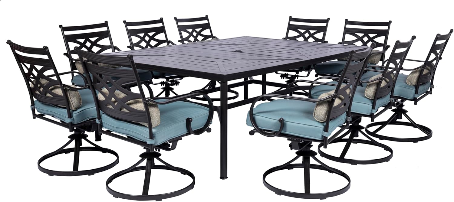  7-Piece Outdoor Dining Set with 6 Swivel Rockers, Ocean Blue Cushions and Stamped Steel Rectangular Dining Table, Patio Dining Set for 6, Premium All-Weather Patio Furniture for Deck