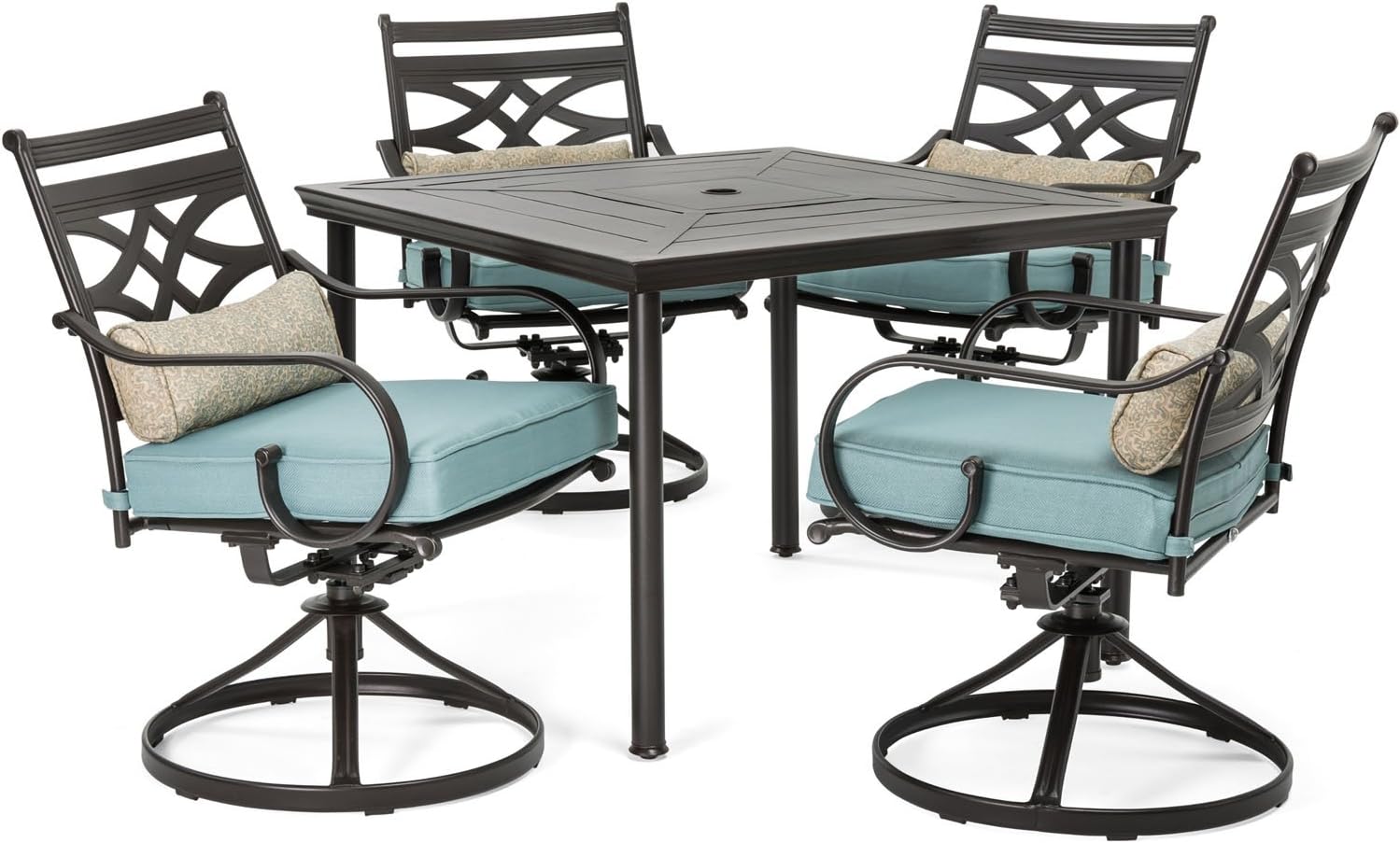  7-Piece Outdoor Dining Set with 6 Swivel Rockers, Ocean Blue Cushions and Stamped Steel Rectangular Dining Table, Patio Dining Set for 6, Premium All-Weather Patio Furniture for Deck