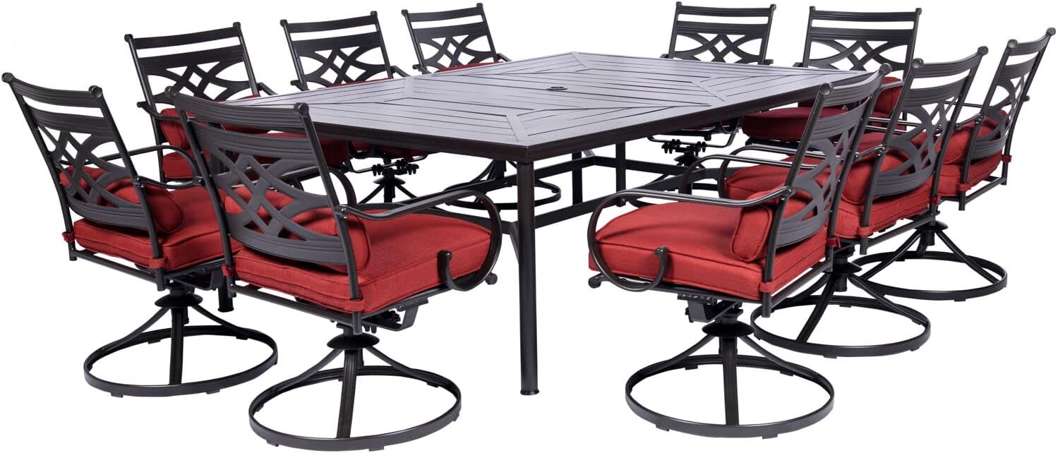  7-Piece Outdoor Dining Set with 6 Swivel Rockers, Ocean Blue Cushions and Stamped Steel Rectangular Dining Table, Patio Dining Set for 6, Premium All-Weather Patio Furniture for Deck