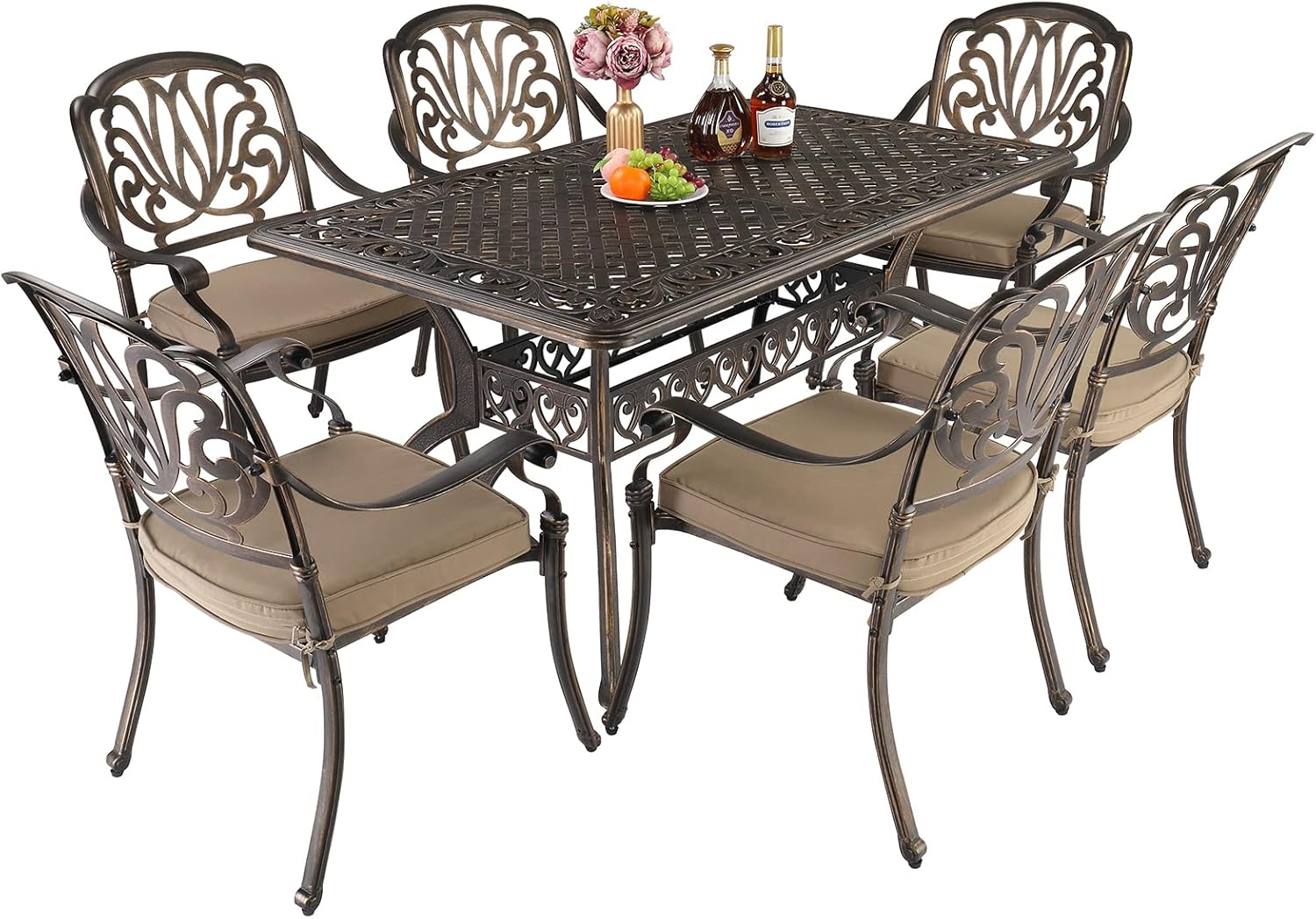  5-Piece Outdoor Patio Dining Set, Cast Aluminum All-Weather Outdoor Table and Chairs w/Cushion, Outdoor Furniture Set w/Umbrella Hole for Backyard Deck Poolside (Round, Elizabeth Back)