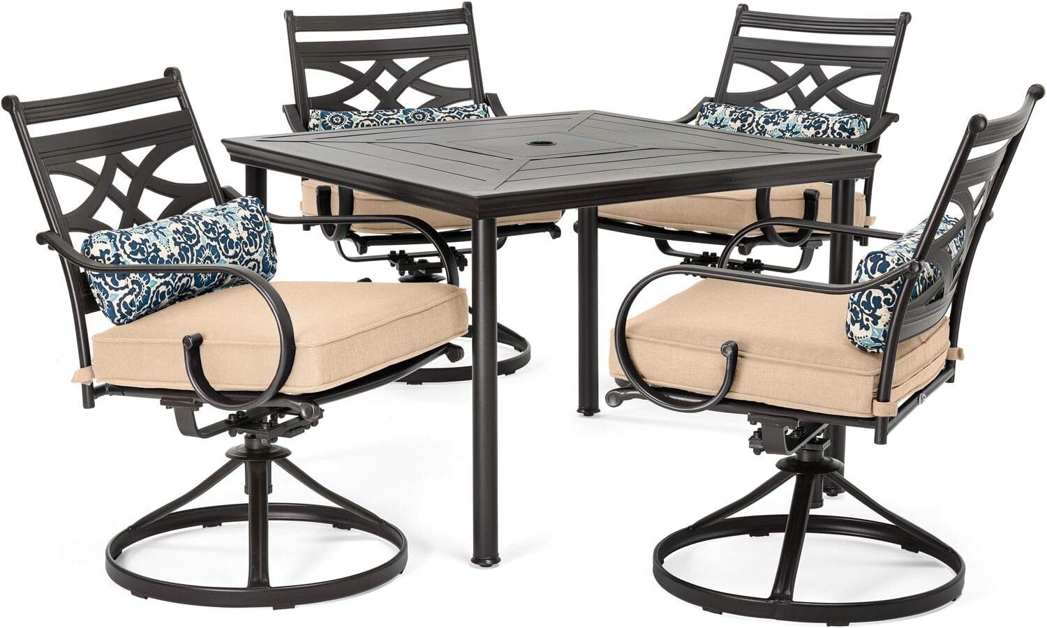 7-Piece Outdoor Dining Set with 6 Swivel Rockers, Ocean Blue Cushions and Stamped Steel Rectangular Dining Table, Patio Dining Set for 6, Premium All-Weather Patio Furniture for Deck
