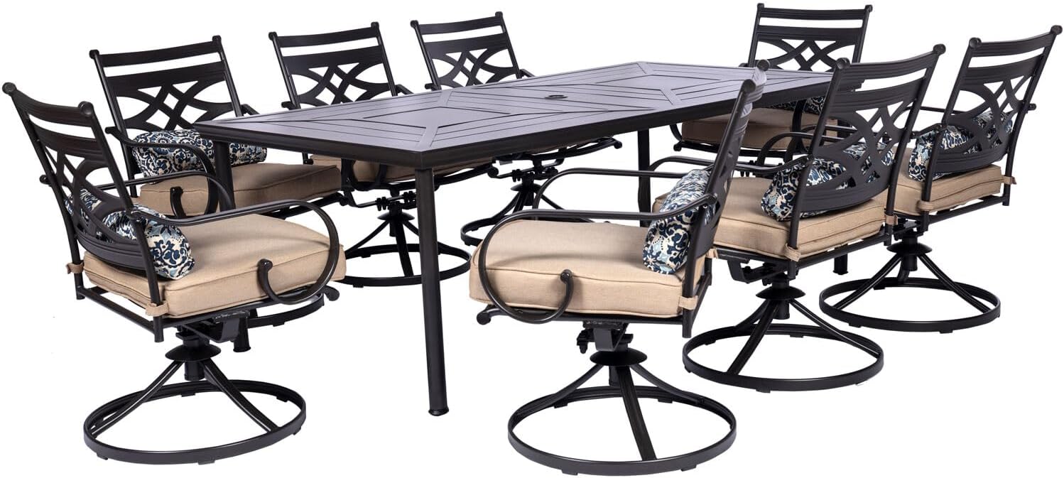  7-Piece Outdoor Dining Set with 6 Swivel Rockers, Ocean Blue Cushions and Stamped Steel Rectangular Dining Table, Patio Dining Set for 6, Premium All-Weather Patio Furniture for Deck