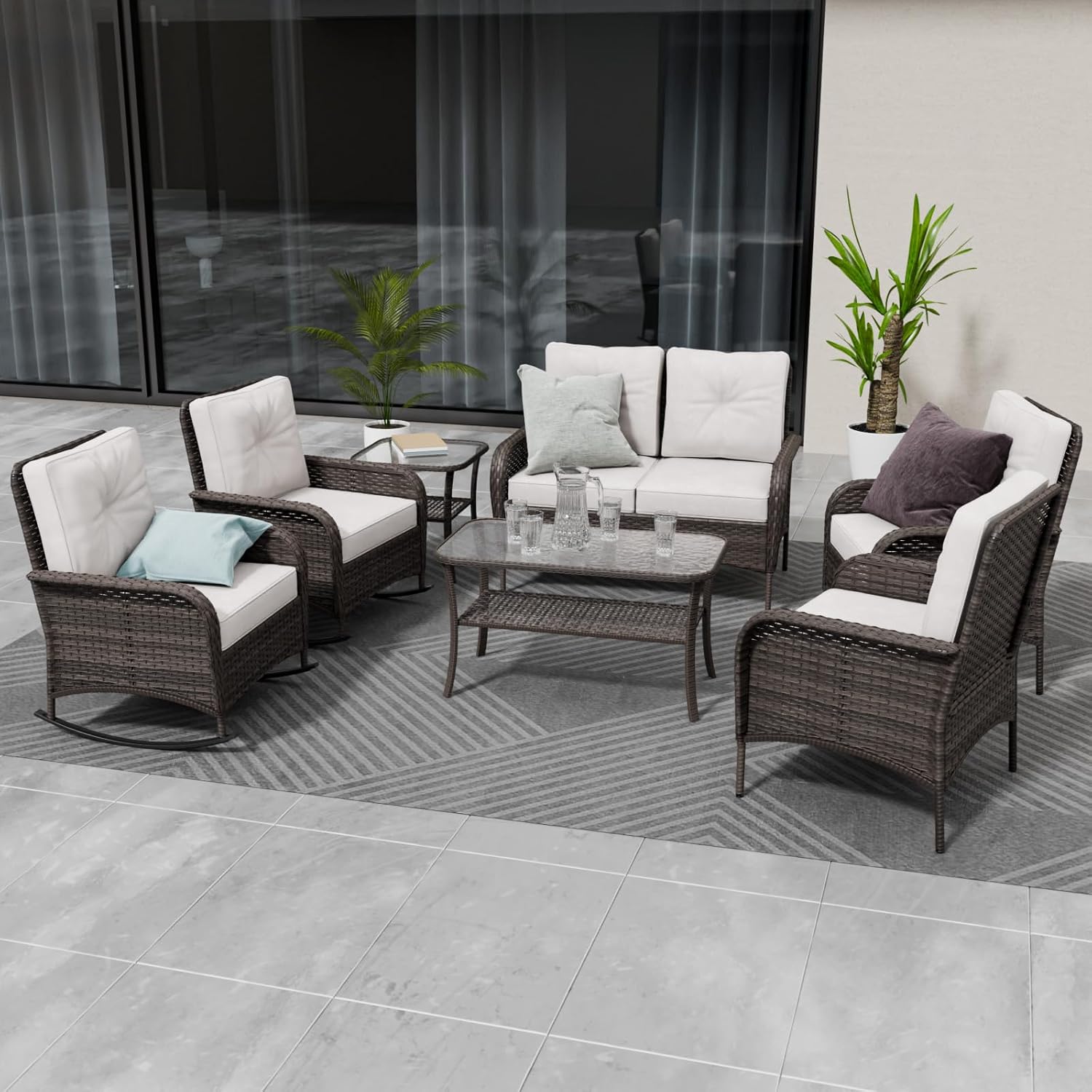 Patio Furniture Set, Wicker Outdoor Furniture, Patio Conversation Sets, 2 Rocking Chairs, Loveseat, Coffee Table and Side Table, 5 Pieces, Gray/Beige