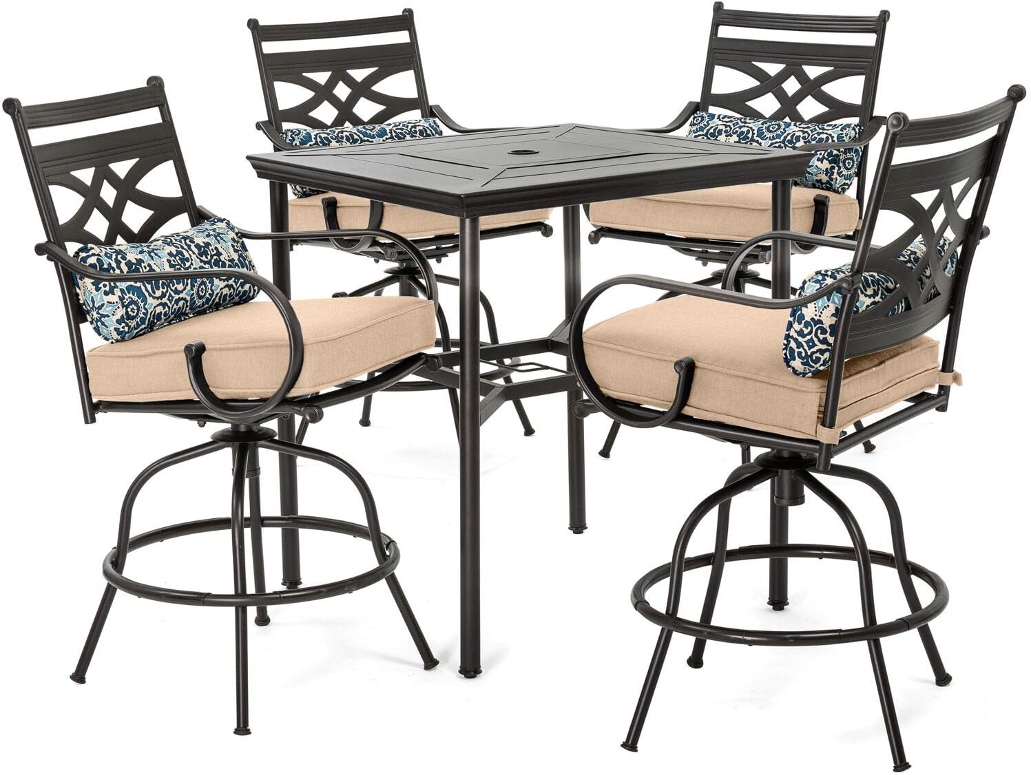  7-Piece Outdoor Dining Set with 6 Swivel Rockers, Ocean Blue Cushions and Stamped Steel Rectangular Dining Table, Patio Dining Set for 6, Premium All-Weather Patio Furniture for Deck