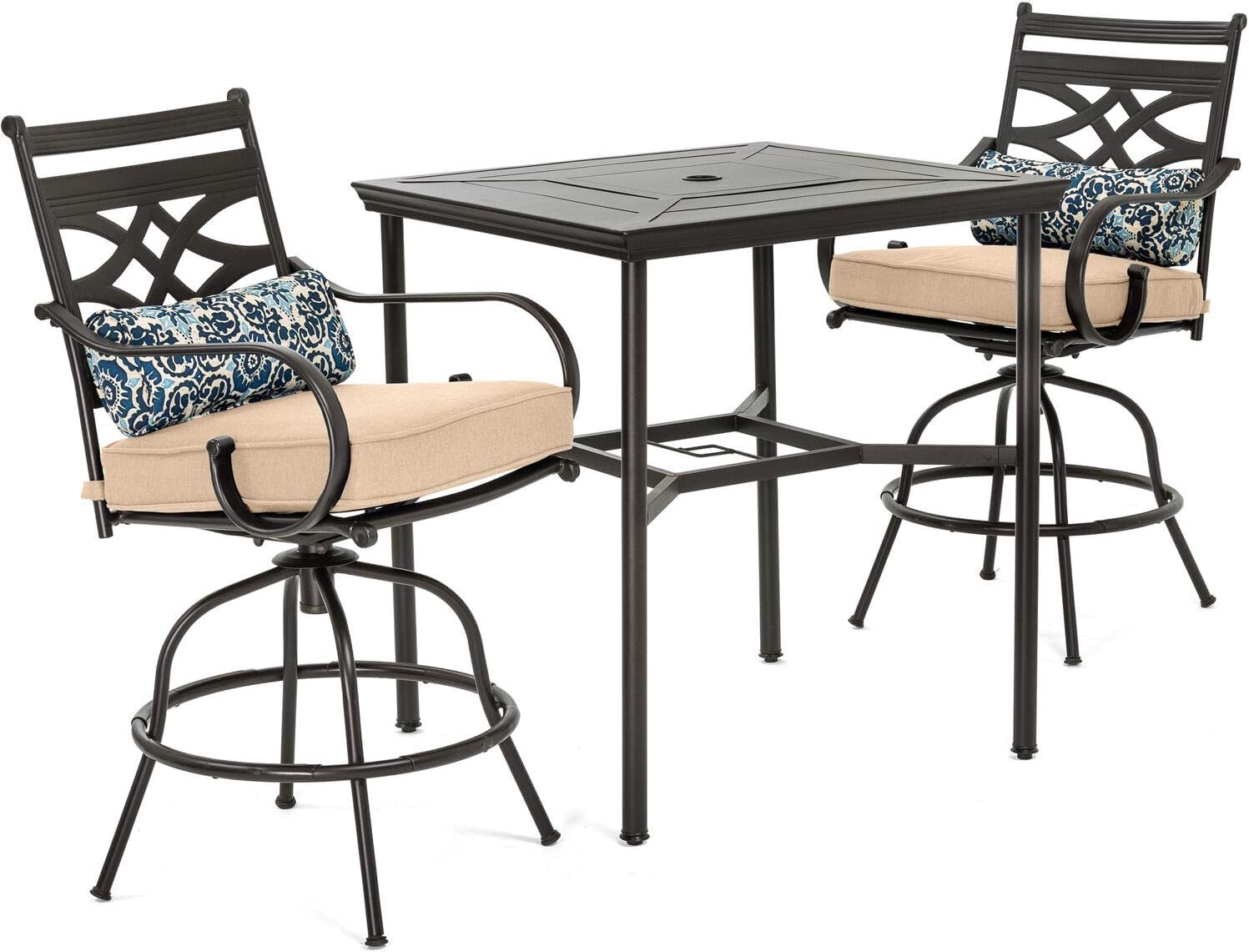  7-Piece Outdoor Dining Set with 6 Swivel Rockers, Ocean Blue Cushions and Stamped Steel Rectangular Dining Table, Patio Dining Set for 6, Premium All-Weather Patio Furniture for Deck