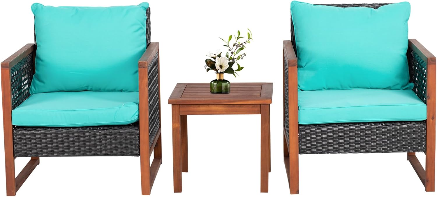  3-Piece Outdoor Patio Furniture Set Modern Rattan Bistro Conversation Set with Acacia Wood Frame, Coffee Table, and Water-Resistant Cushions for Balcony, Garden, or Backyard (Khaki)
