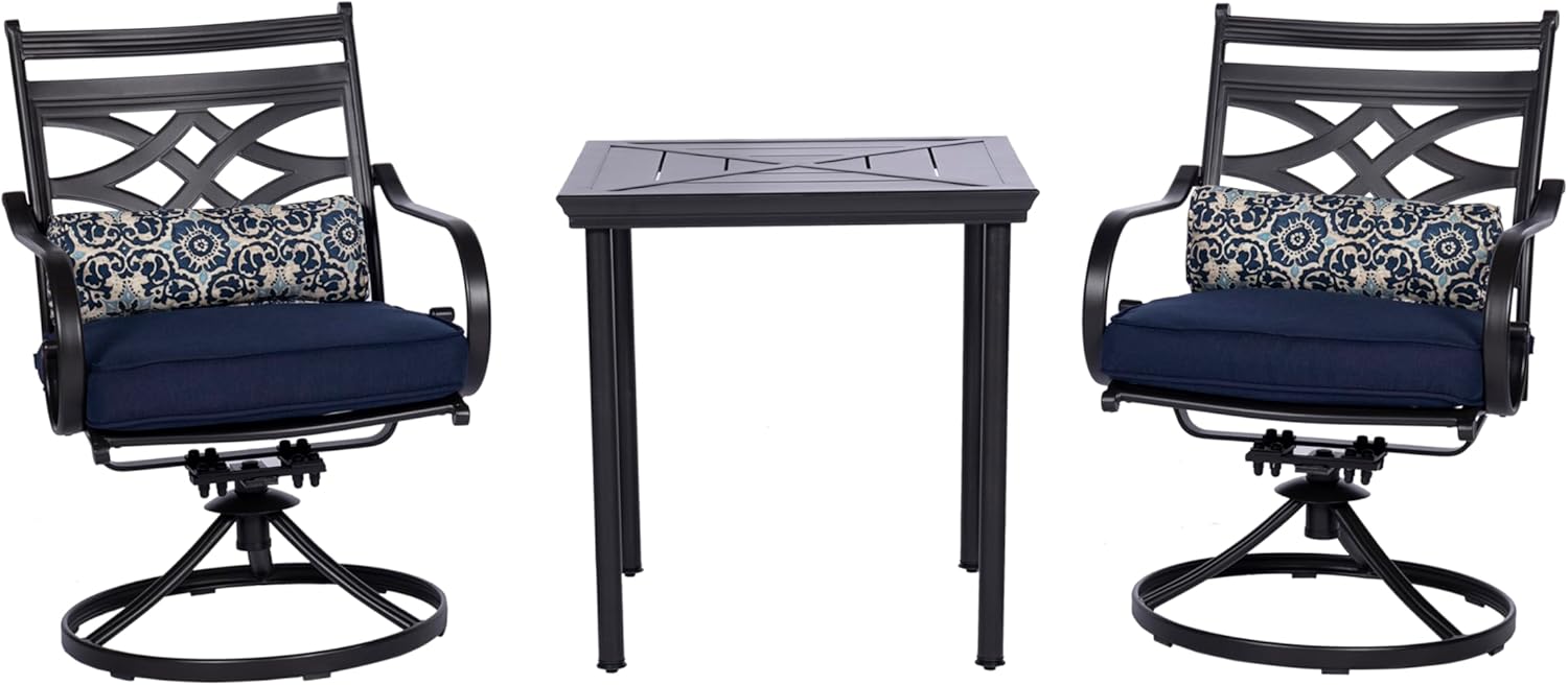  7-Piece Outdoor Dining Set with 6 Swivel Rockers, Ocean Blue Cushions and Stamped Steel Rectangular Dining Table, Patio Dining Set for 6, Premium All-Weather Patio Furniture for Deck