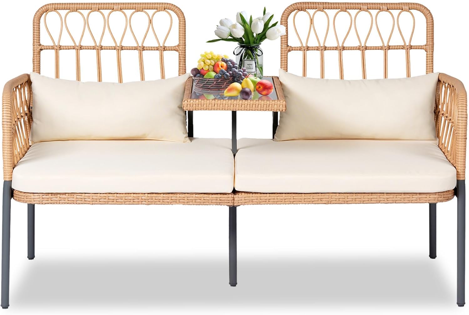 Patio Furniture Outdoor Rattan Loveseat 2-Seat with Built-in Table, Lumbar Pillows and Cushions, All-Weather Wicker Loveseat Porch Chairs for Balcony, Lawn, Backyard