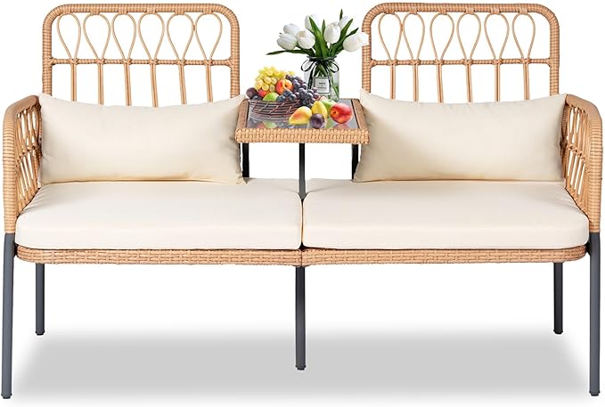 Patio Furniture Outdoor Rattan Loveseat 2-Seat with Built-in Table, Lumbar Pillows and Cushions, All-Weather Wicker Loveseat Porch Chairs for Balcony, Lawn, Backyard