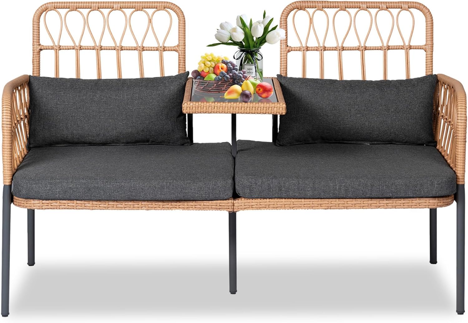 Patio Furniture Outdoor Rattan Loveseat 2-Seat with Built-in Table, Lumbar Pillows and Cushions, All-Weather Wicker Loveseat Porch Chairs for Balcony, Lawn, Backyard