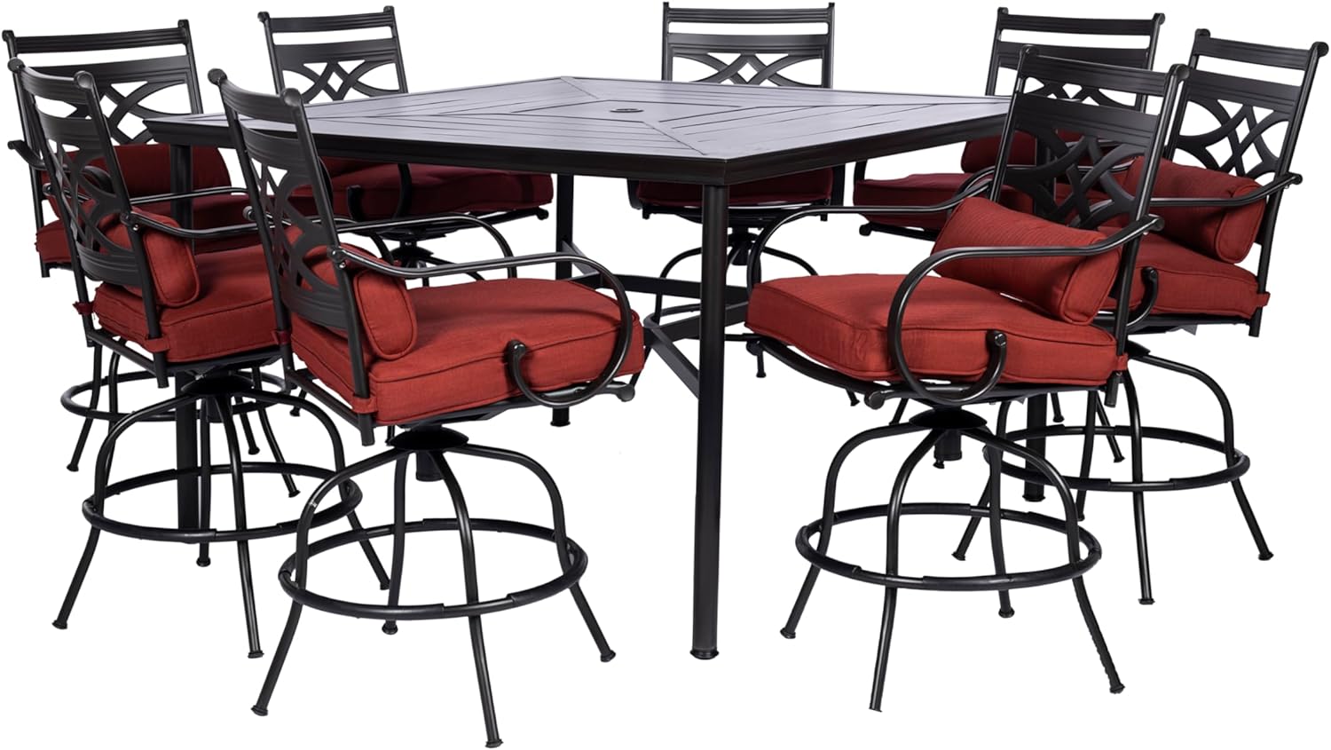  7-Piece Outdoor Dining Set with 6 Swivel Rockers, Ocean Blue Cushions and Stamped Steel Rectangular Dining Table, Patio Dining Set for 6, Premium All-Weather Patio Furniture for Deck
