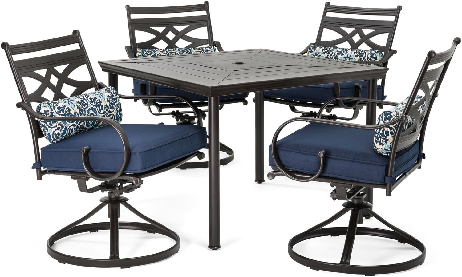  7-Piece Outdoor Dining Set with 6 Swivel Rockers, Ocean Blue Cushions and Stamped Steel Rectangular Dining Table, Patio Dining Set for 6, Premium All-Weather Patio Furniture for Deck