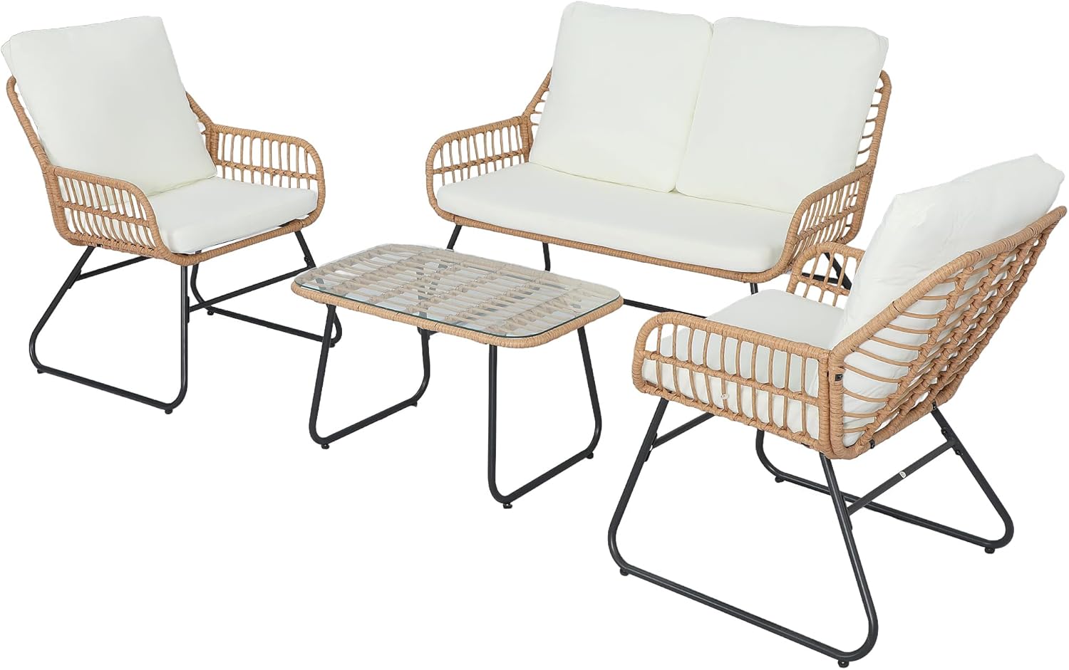  4 Pieces Outdoor Patio Furniture Set,Patio Conversation Set,Rattan Wicker Bistro Sets with Loveseat Chairs and Modern Coffee Table for Backyard Deck Balcony and Garden Lounge Spaces - Beige