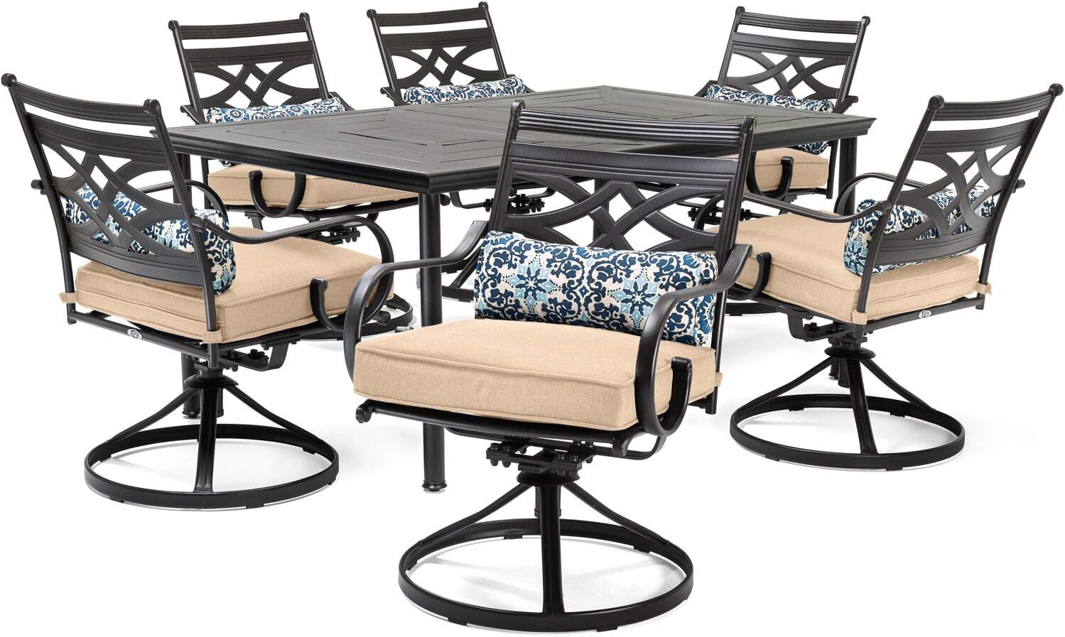  7-Piece Outdoor Dining Set with 6 Swivel Rockers, Ocean Blue Cushions and Stamped Steel Rectangular Dining Table, Patio Dining Set for 6, Premium All-Weather Patio Furniture for Deck