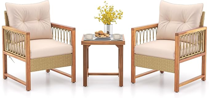 3 Pieces Patio Furniture Set, Outdoor PE Wicker Conversation Bistro Set with Acacia Wood Frame, Cushions and Tempered Glass Coffee Table for Porch, Balcony, Deck and Backyard (Beige)