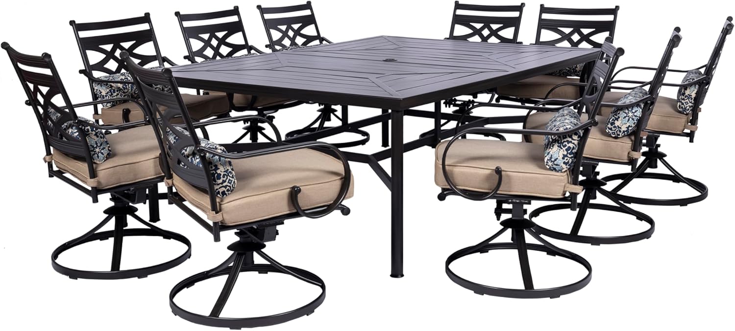  7-Piece Outdoor Dining Set with 6 Swivel Rockers, Ocean Blue Cushions and Stamped Steel Rectangular Dining Table, Patio Dining Set for 6, Premium All-Weather Patio Furniture for Deck