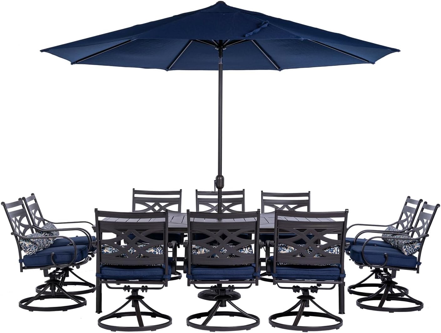  7-Piece Outdoor Dining Set with 6 Swivel Rockers, Ocean Blue Cushions and Stamped Steel Rectangular Dining Table, Patio Dining Set for 6, Premium All-Weather Patio Furniture for Deck