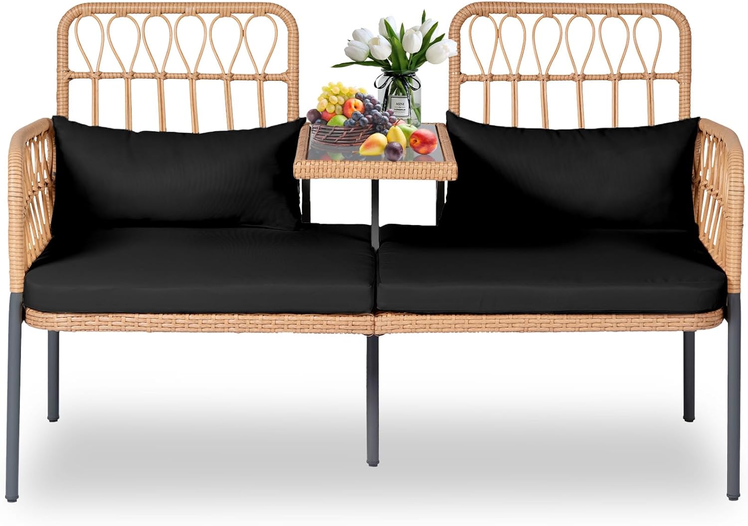 Patio Furniture Outdoor Rattan Loveseat 2-Seat with Built-in Table, Lumbar Pillows and Cushions, All-Weather Wicker Loveseat Porch Chairs for Balcony, Lawn, Backyard