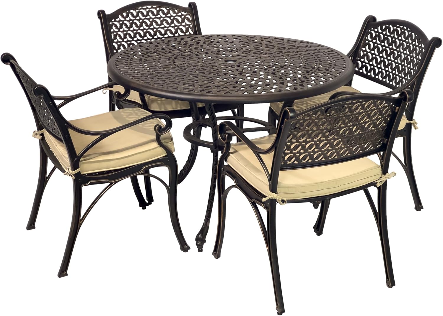 Aluminum Outdoor Dining Furniture Set for 4, Round Patio Table and Chairs for 4 with Cushions, Outdoor Furniture Set with Umbrella Hole, All-Weather Patio Dining Set