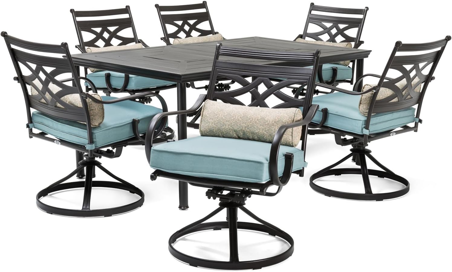  7-Piece Outdoor Dining Set with 6 Swivel Rockers, Ocean Blue Cushions and Stamped Steel Rectangular Dining Table, Patio Dining Set for 6, Premium All-Weather Patio Furniture for Deck