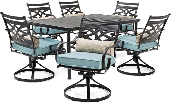  7-Piece Outdoor Dining Set with 6 Swivel Rockers, Ocean Blue Cushions and Stamped Steel Rectangular Dining Table, Patio Dining Set for 6, Premium All-Weather Patio Furniture for Deck