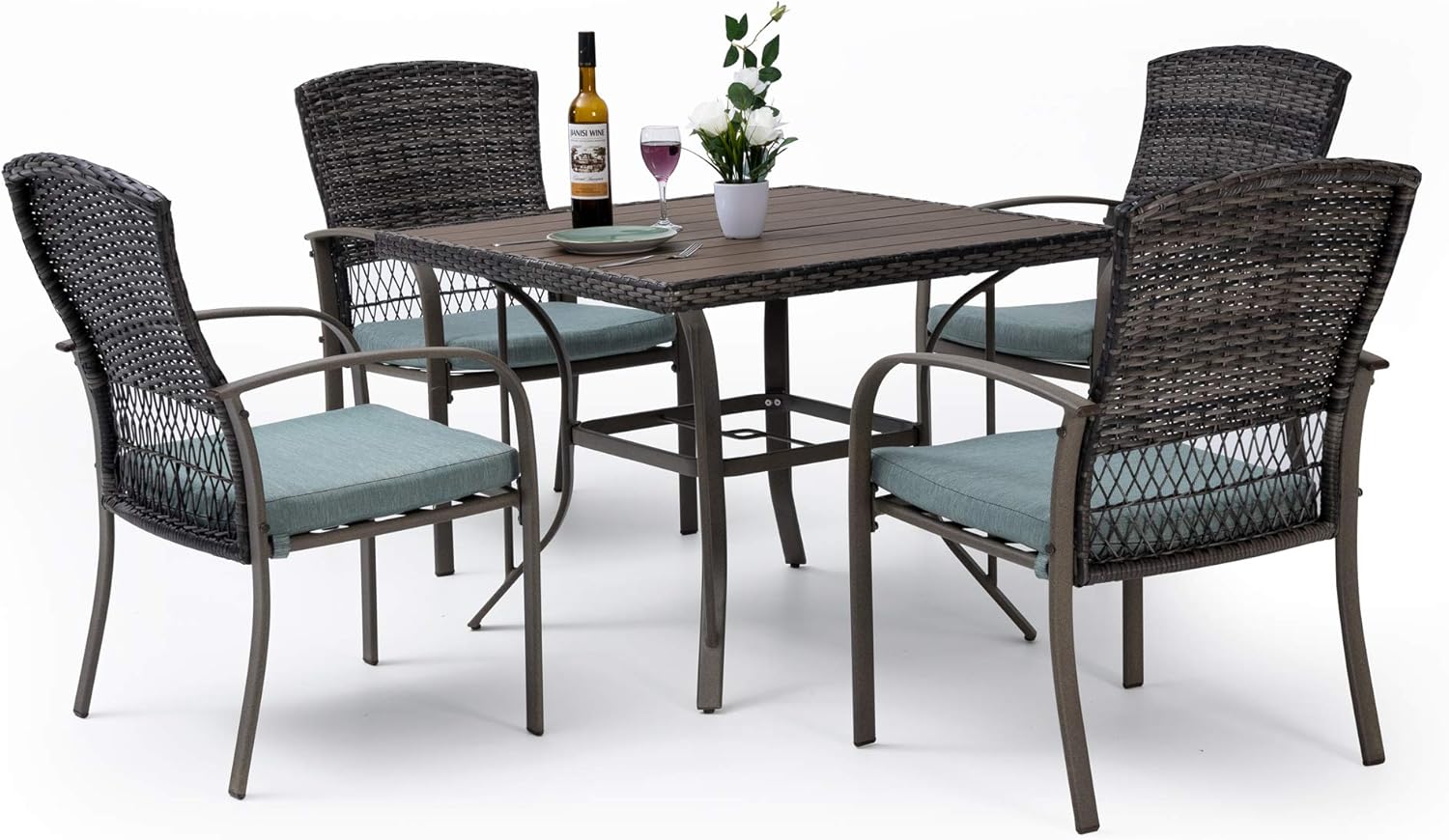 Patio Dining 7 Piece, Outdoor Wicker Furniture Set for Backyard Garden Deck Poolside/Iron Slats Table Top, Removable Cushions, 7 Pack, Beige