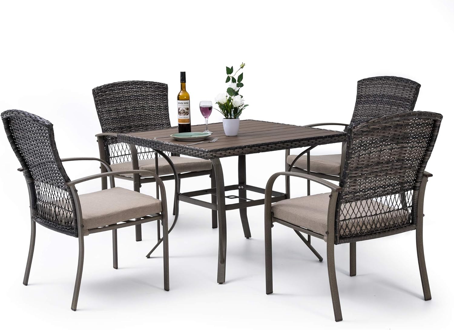 Patio Dining 7 Piece, Outdoor Wicker Furniture Set for Backyard Garden Deck Poolside/Iron Slats Table Top, Removable Cushions, 7 Pack, Beige