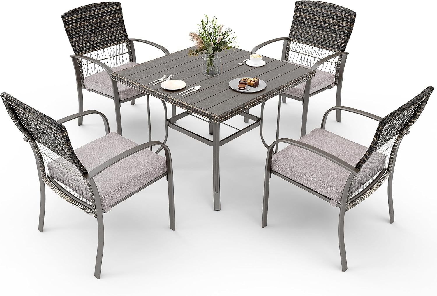 Patio Dining 7 Piece, Outdoor Wicker Furniture Set for Backyard Garden Deck Poolside/Iron Slats Table Top, Removable Cushions, 7 Pack, Beige