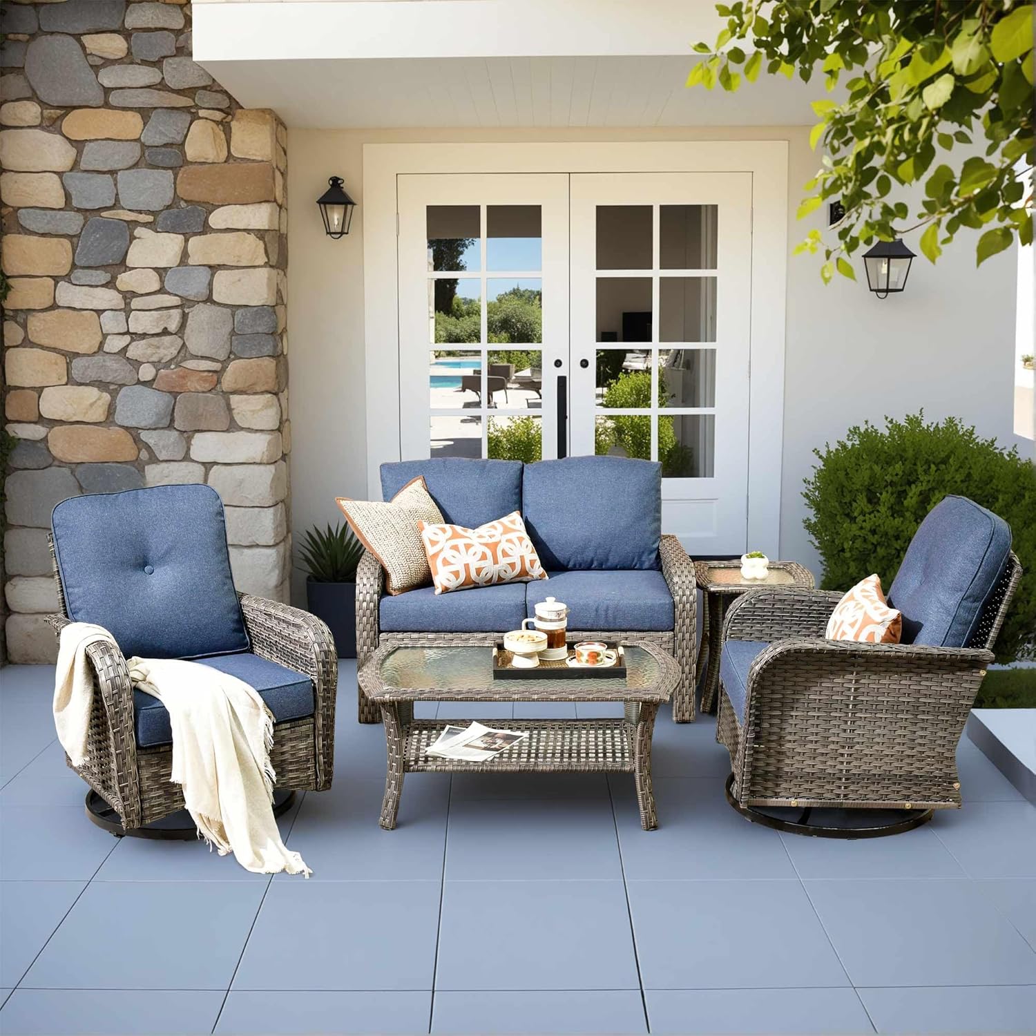 5 Pieces Patio Furniture Set,Outdoor Furniture with Rockers, Rattan Conversation Sets w/Coffee Table, Grey Wicker Light Dark Gray Cushion