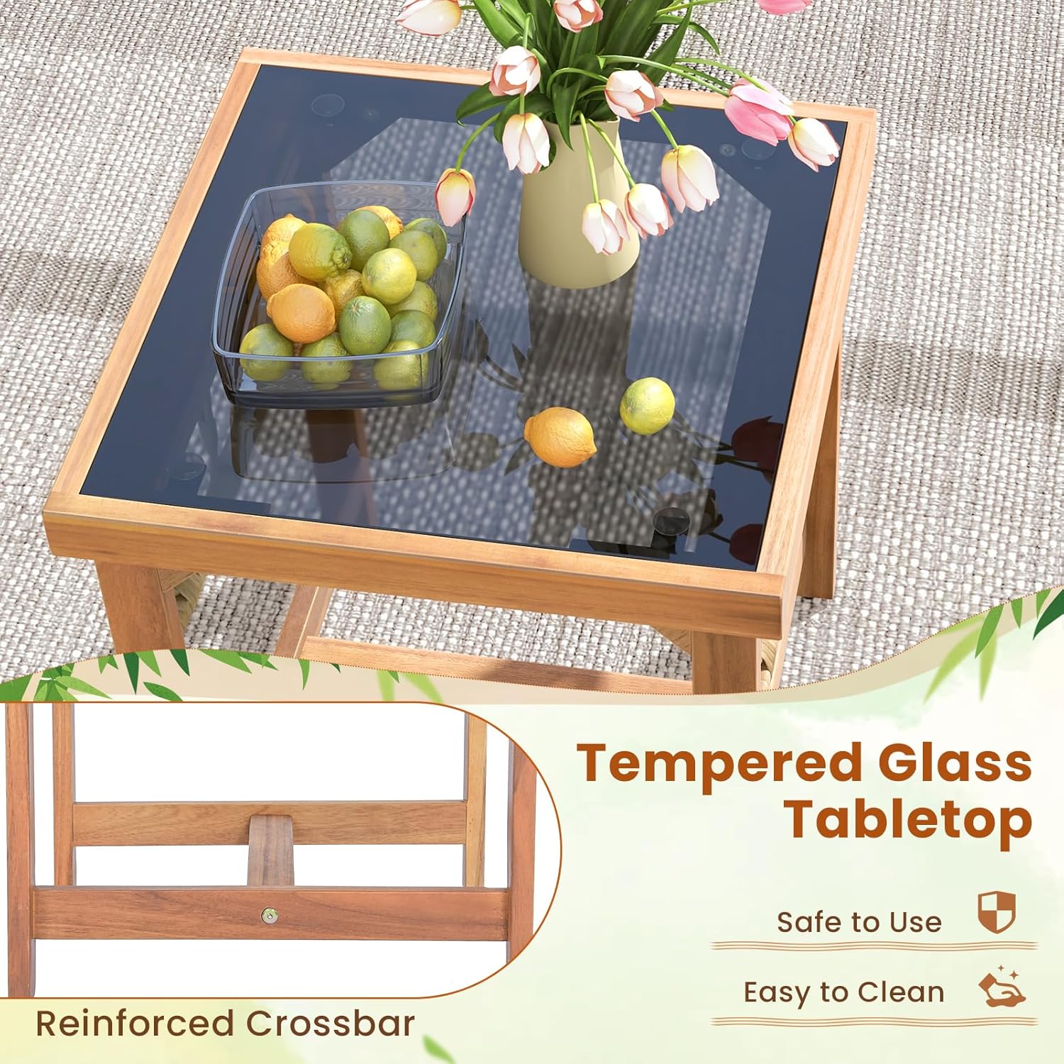 3 Pieces Patio Furniture Set, Outdoor PE Wicker Conversation Bistro Set with Acacia Wood Frame, Cushions and Tempered Glass Coffee Table for Porch, Balcony, Deck and Backyard (Beige)