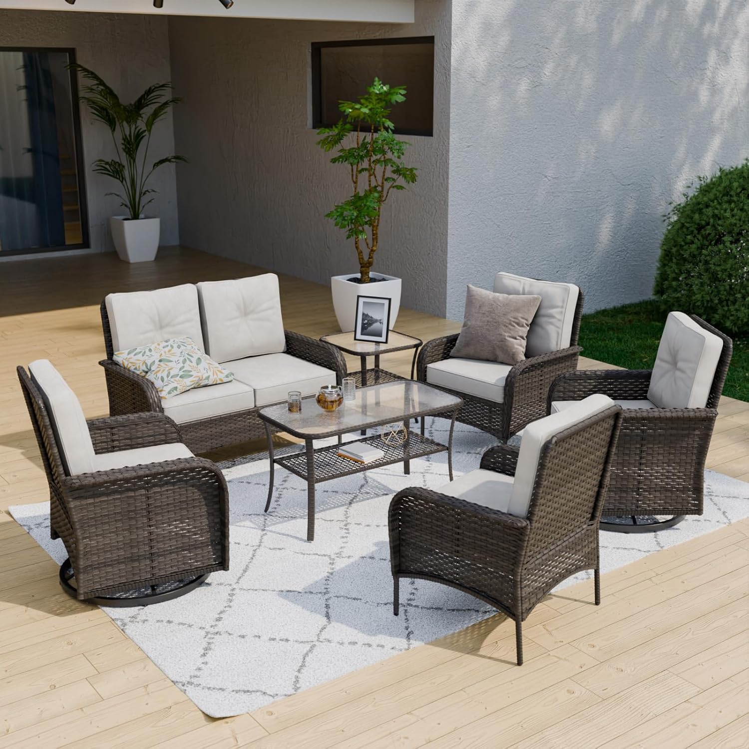 Patio Furniture Set, Wicker Outdoor Furniture, Patio Conversation Sets, 2 Rocking Chairs, Loveseat, Coffee Table and Side Table, 5 Pieces, Gray/Beige