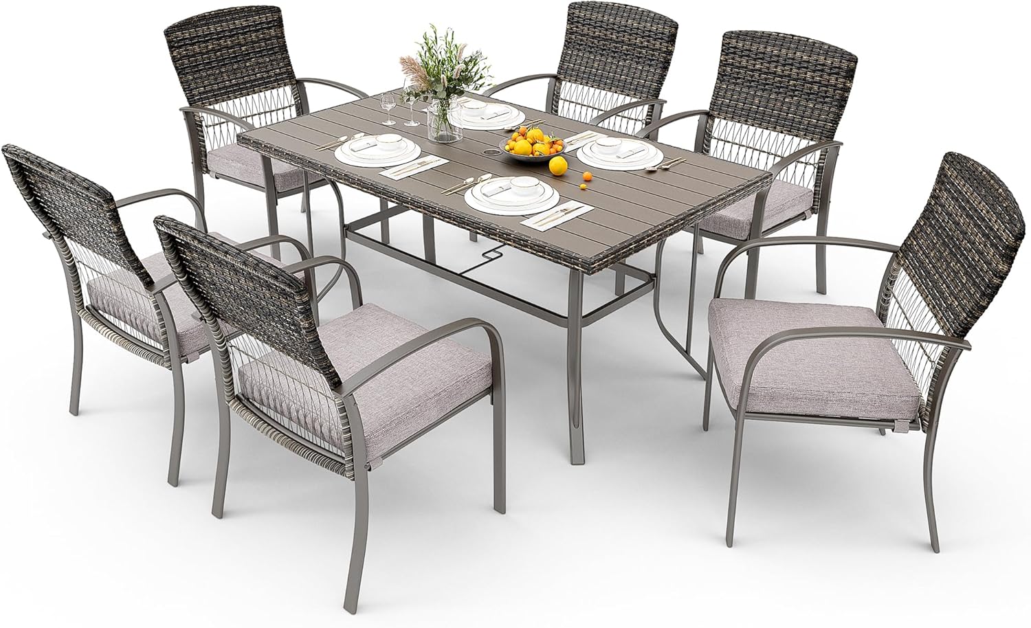 Patio Dining 7 Piece, Outdoor Wicker Furniture Set for Backyard Garden Deck Poolside/Iron Slats Table Top, Removable Cushions, 7 Pack, Beige