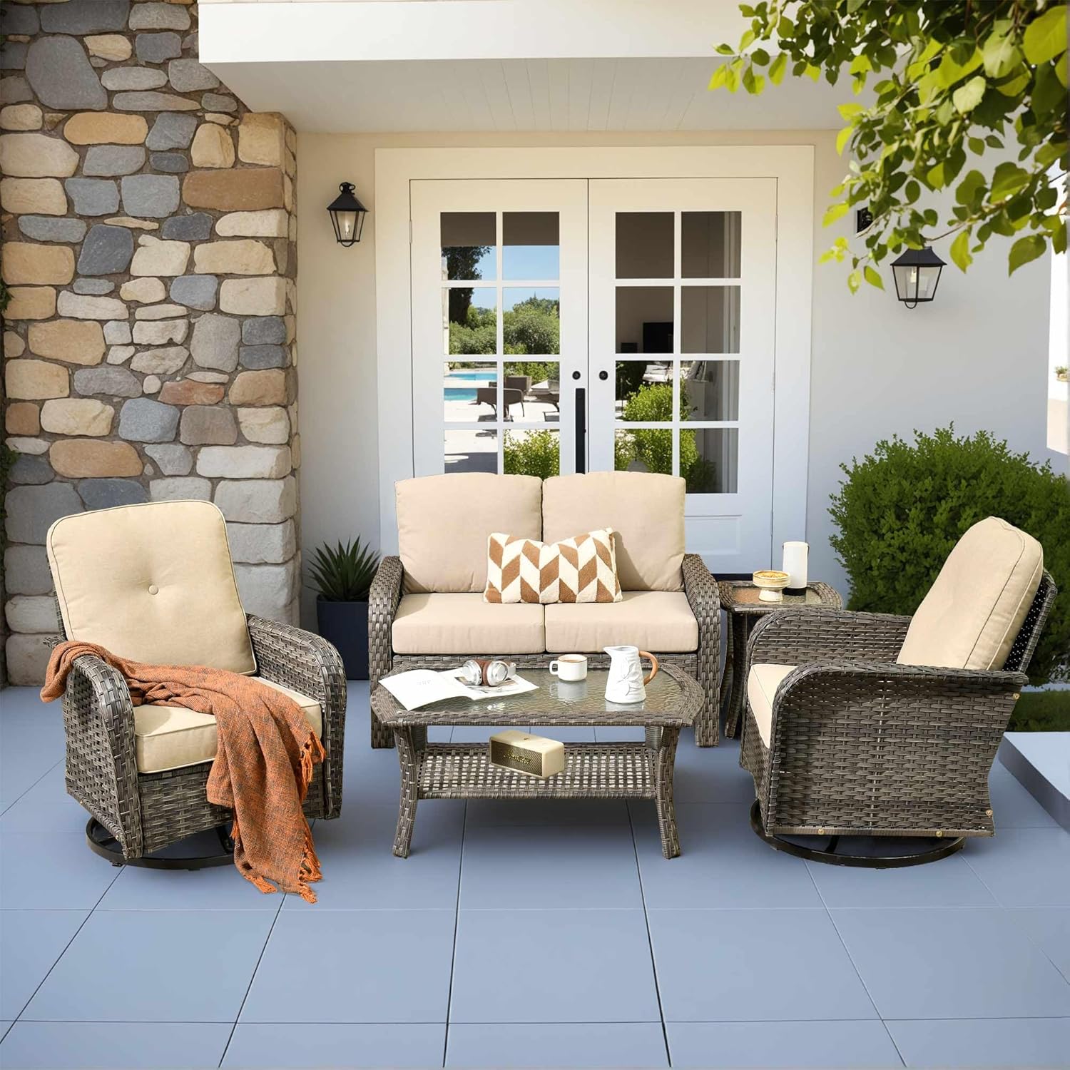 5 Pieces Patio Furniture Set,Outdoor Furniture with Rockers, Rattan Conversation Sets w/Coffee Table, Grey Wicker Light Dark Gray Cushion