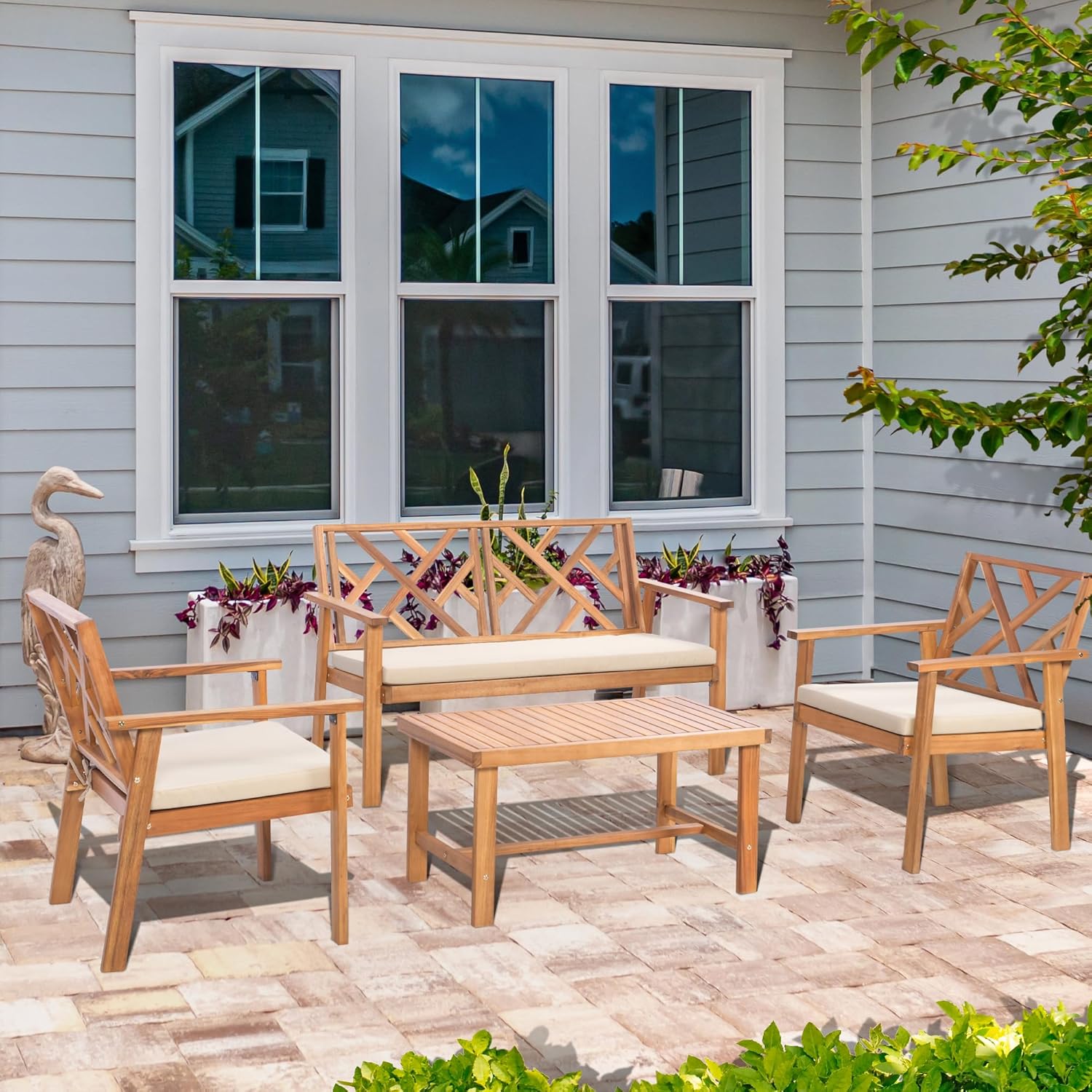 3 Piece Outdoor Patio Furniture Set, Wooden Conversation Patio Set with Padded Cushion Chairs and Coffee Table, Acacia Wood Lounge Conversation Set for Porch Balcony Deck Backyard