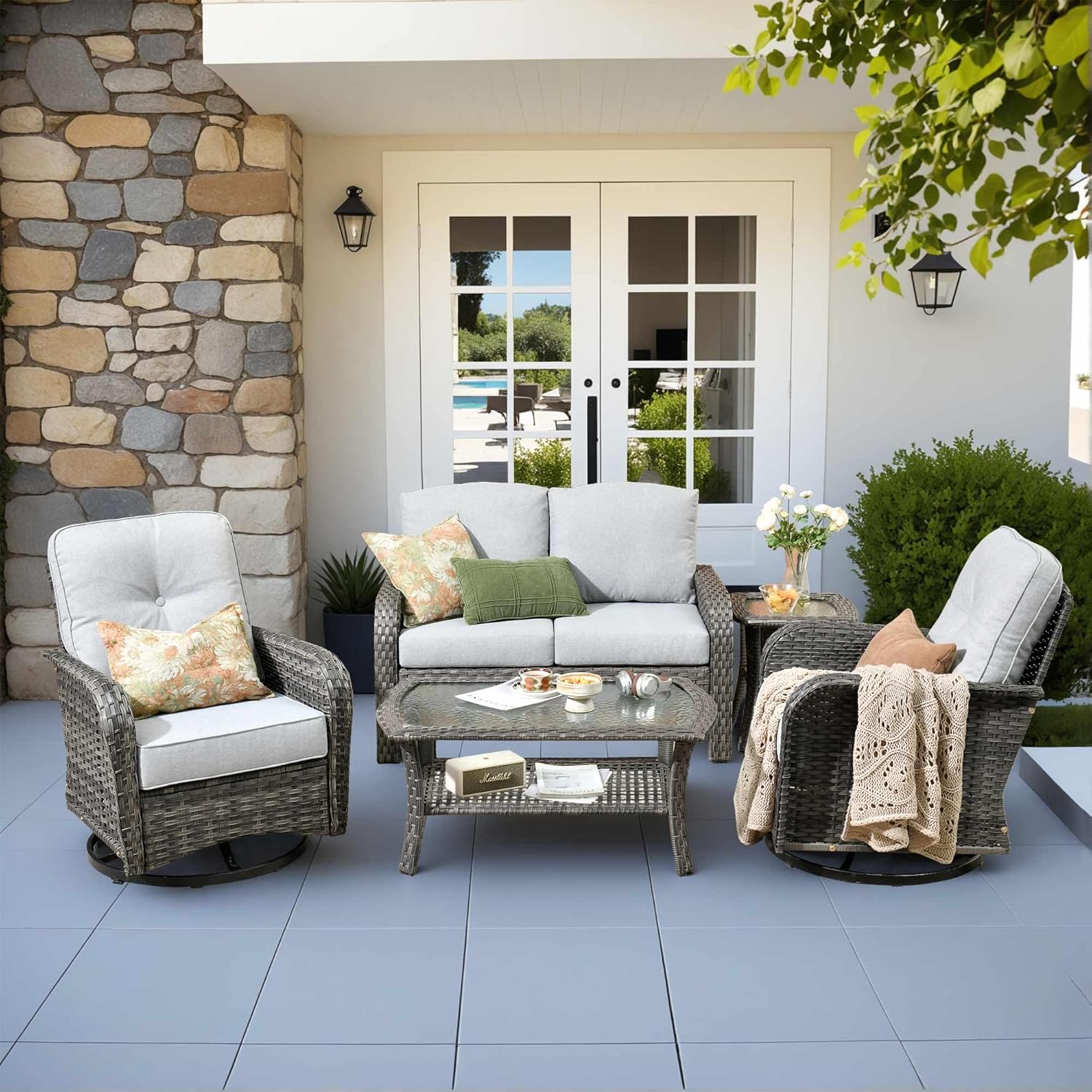 5 Pieces Patio Furniture Set,Outdoor Furniture with Rockers, Rattan Conversation Sets w/Coffee Table, Grey Wicker Light Dark Gray Cushion