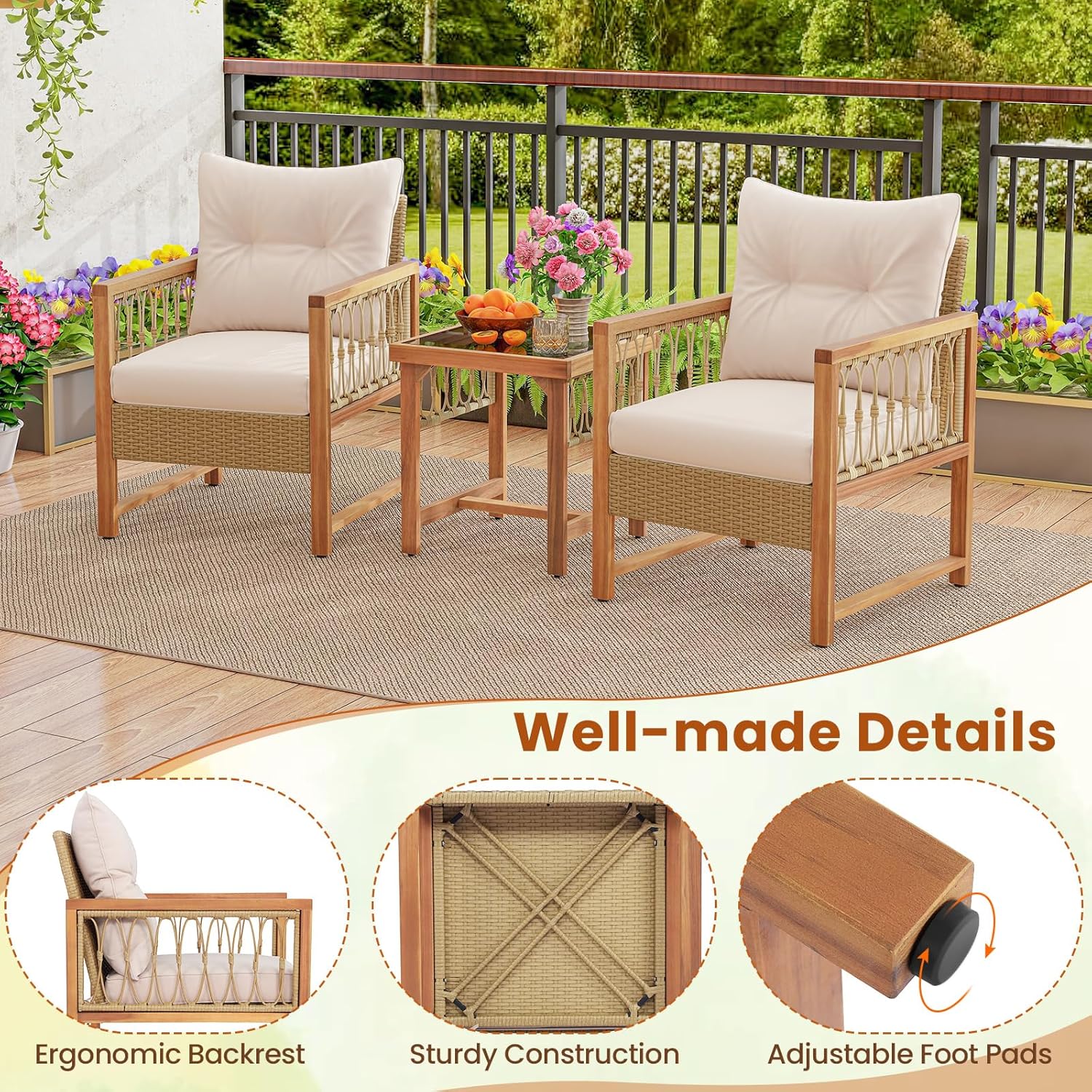 3 Pieces Patio Furniture Set, Outdoor PE Wicker Conversation Bistro Set with Acacia Wood Frame, Cushions and Tempered Glass Coffee Table for Porch, Balcony, Deck and Backyard (Beige)