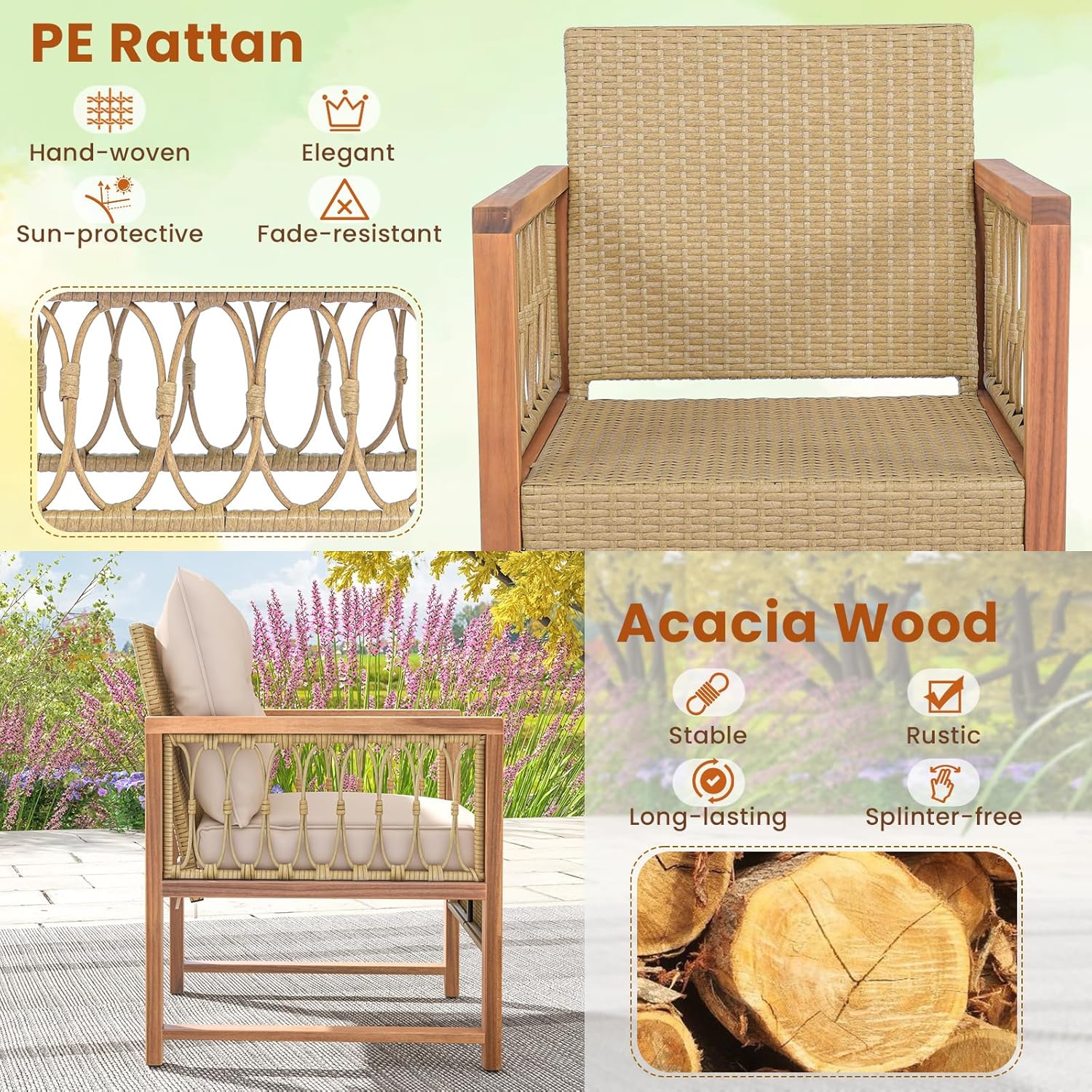 3 Pieces Patio Furniture Set, Outdoor PE Wicker Conversation Bistro Set with Acacia Wood Frame, Cushions and Tempered Glass Coffee Table for Porch, Balcony, Deck and Backyard (Beige)