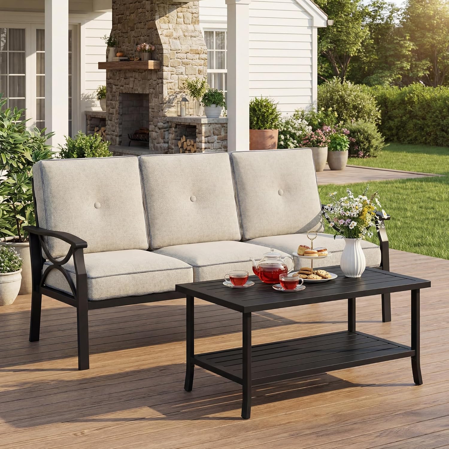 4-Piece Outdoor Patio Furniture Set, Outdoor Metal Sectional Furniture with Cushions, Outdoor Conversation Seating Set with Coffee Table for Deck, Backyard, Garden, Balcony, Khaki