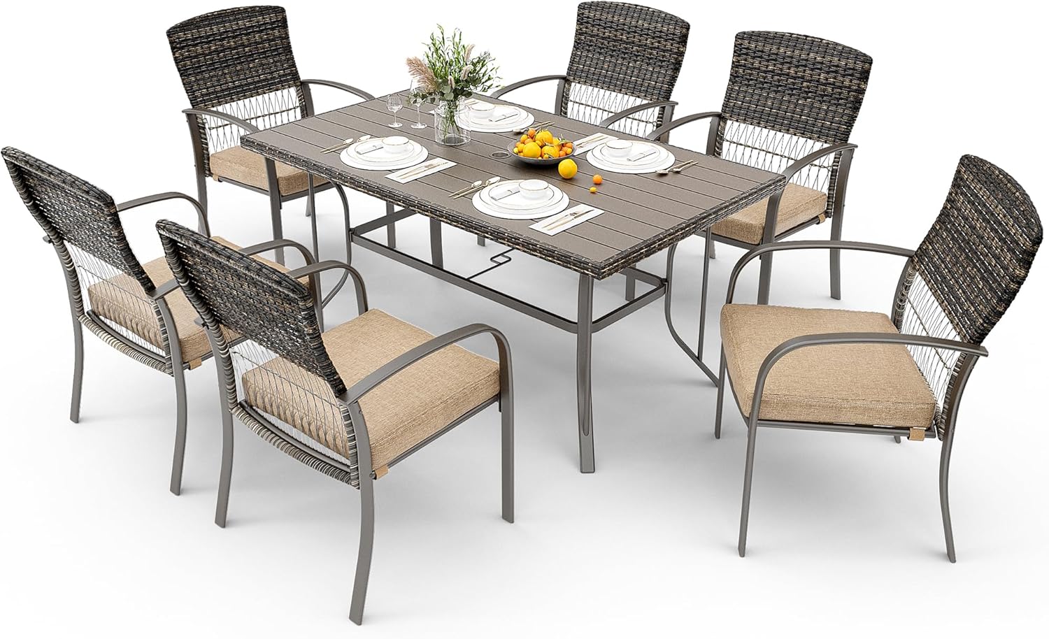 Patio Dining 7 Piece, Outdoor Wicker Furniture Set for Backyard Garden Deck Poolside/Iron Slats Table Top, Removable Cushions, 7 Pack, Beige