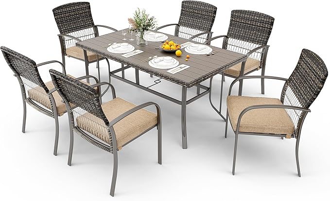 Patio Dining 7 Piece, Outdoor Wicker Furniture Set for Backyard Garden Deck Poolside/Iron Slats Table Top, Removable Cushions, 7 Pack, Beige