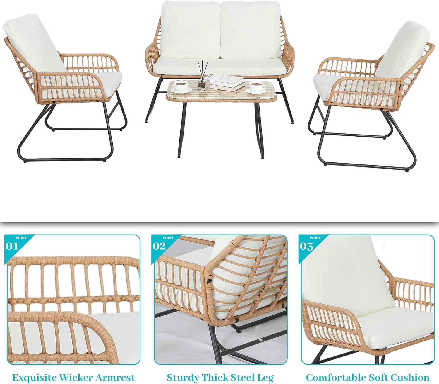  4 Pieces Outdoor Patio Furniture Set,Patio Conversation Set,Rattan Wicker Bistro Sets with Loveseat Chairs and Modern Coffee Table for Backyard Deck Balcony and Garden Lounge Spaces - Beige