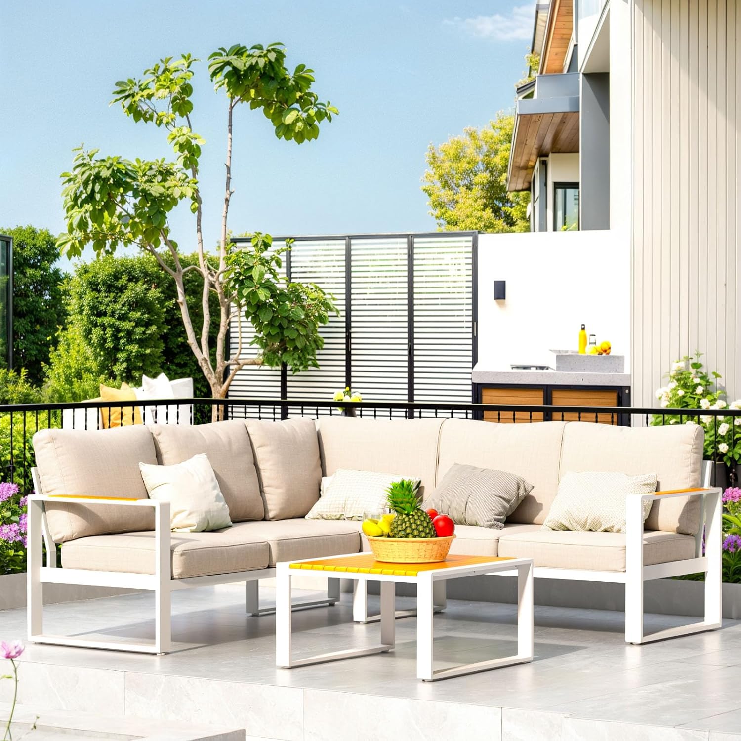 Aluminum Patio Furniture Set, All-Weather Outdoor Couch Sectional, L Shaped Patio Conversation Sets, Metal Corner Sofa with Teak Coffee Table 