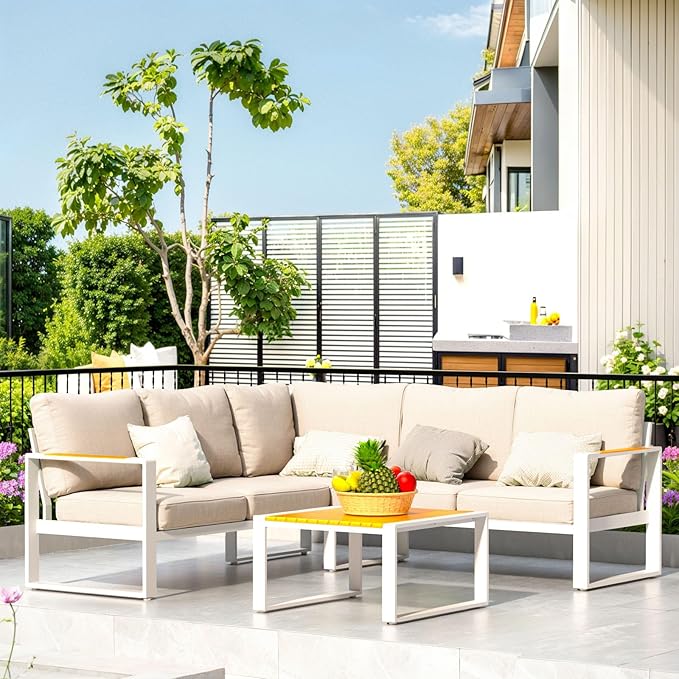 Aluminum Patio Furniture Set, All-Weather Outdoor Couch Sectional, L Shaped Patio Conversation Sets, Metal Corner Sofa with Teak Coffee Table 